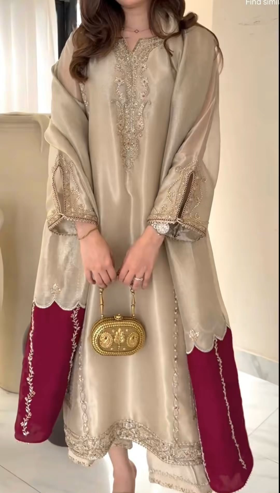 Cream embroidered dress with maroon dupatta panels