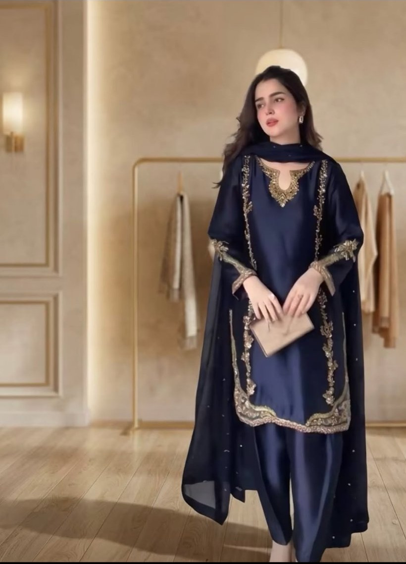 Navy blue silk embroidered dress with gold trim and matching dupatta