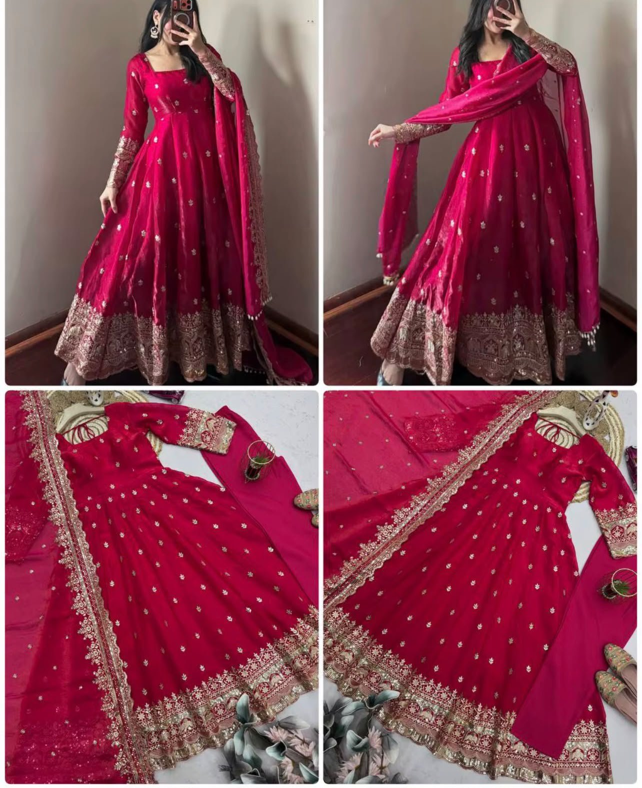 Red embroidered dress with gold detailing and matching dupatta